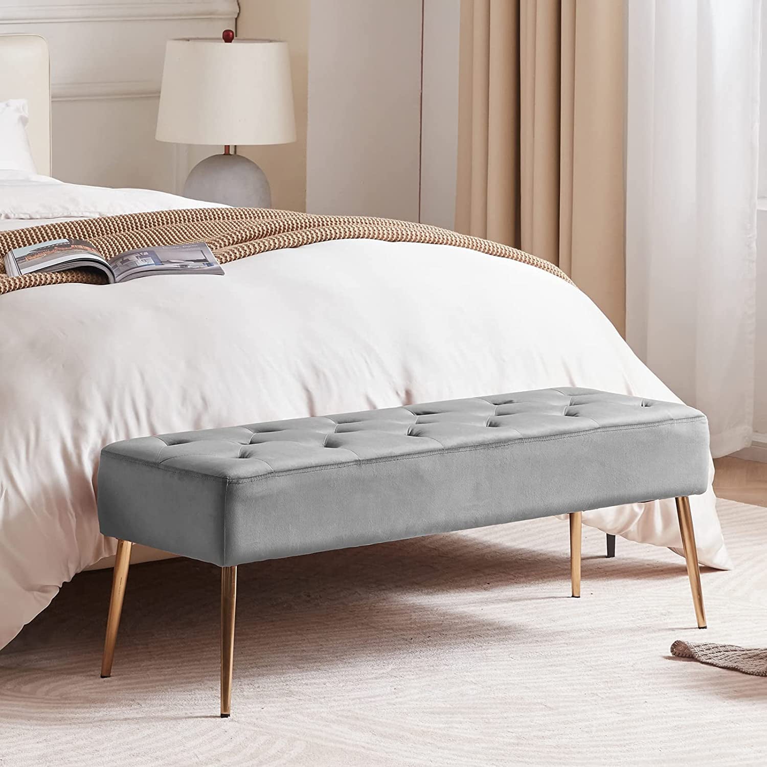 Duhome Velvet Ottoman Bench, Bedroom Bench for Bed End Upholstered Bench Tufted Accent Bench for Living Room Entry, Gray