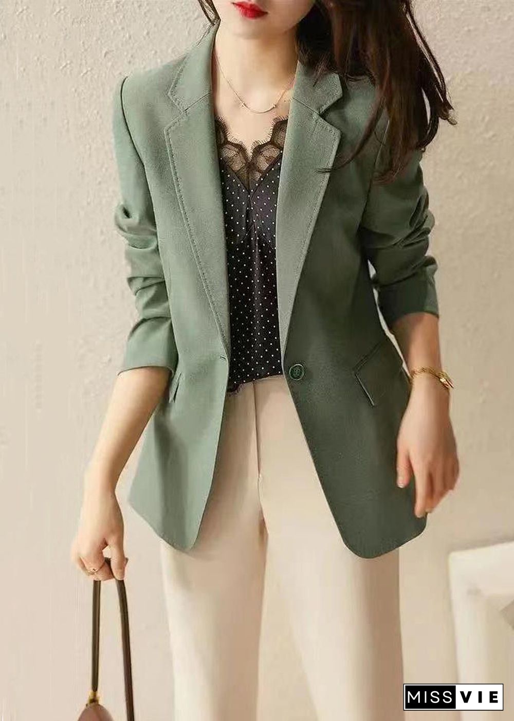 Style Green Notched Button Patchwork Spandex Coat Fall