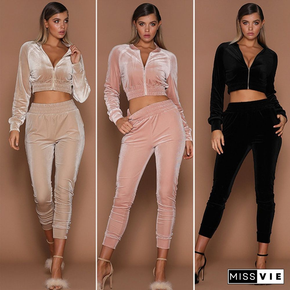 Women Outfits Suits Velvet Long Sleeve Two Piece Set Zip Elastic Waist Casual Sportswear Hoodie Pants Pink Tracksuit