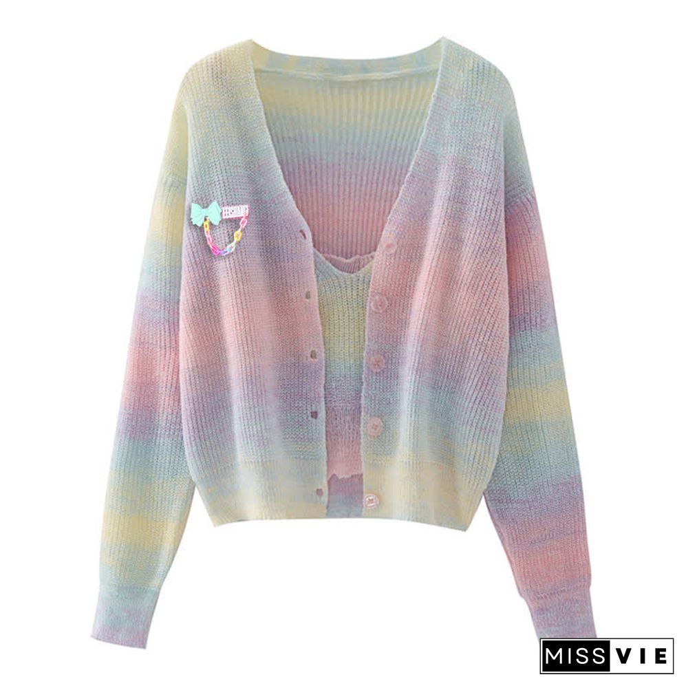 Rainbow Bowknot Decor Knitted Cami Top Cardigan Sweater