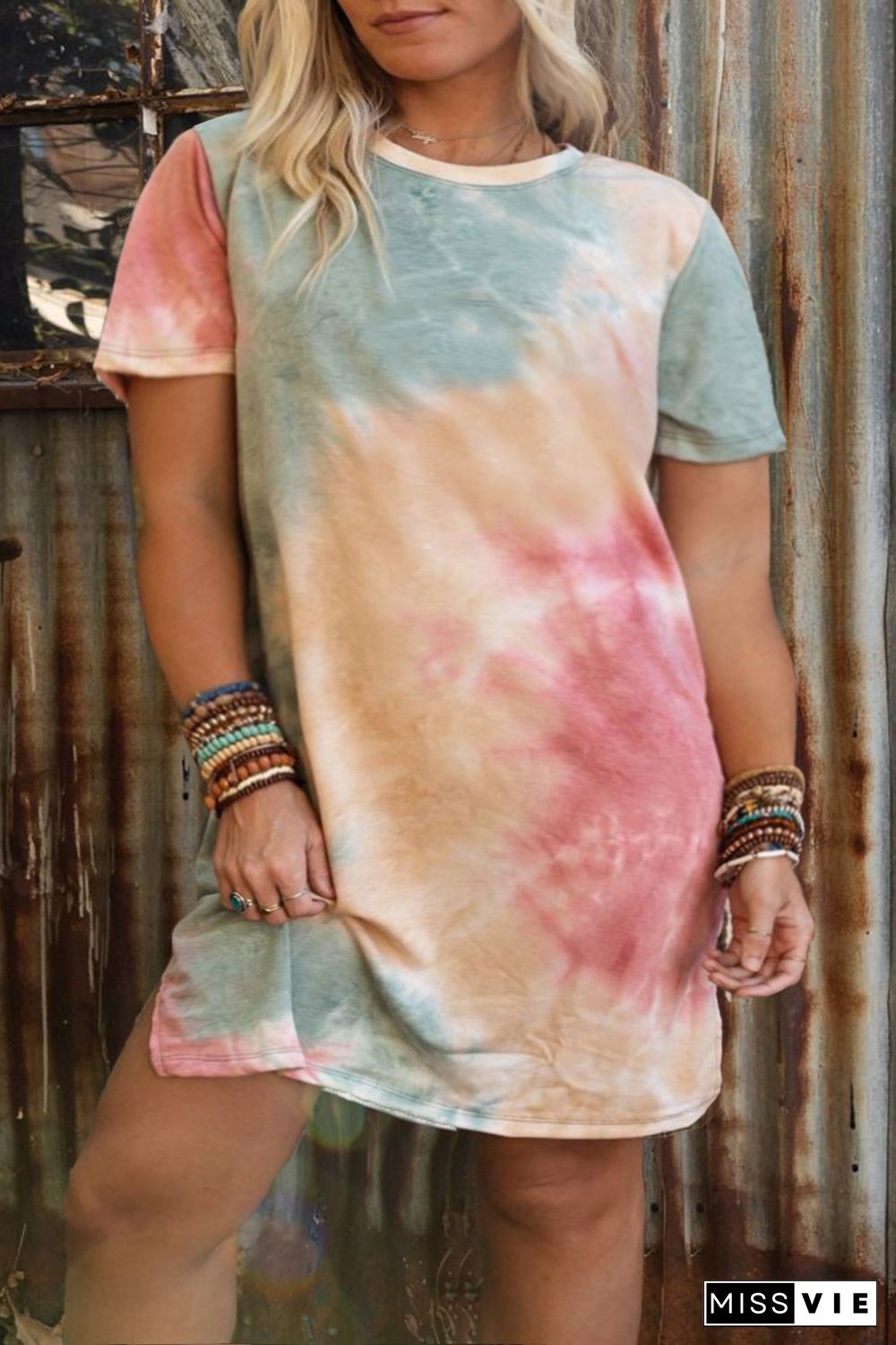 Multicolor Plus Size Tie Dye Slit T-shirt Dress