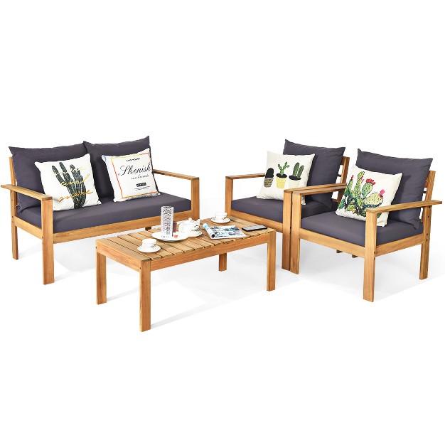 Tangkula 4 Pcs Outdoor Acacia Wood Conversation Sofa Table Furniture Set W Grey Cushions