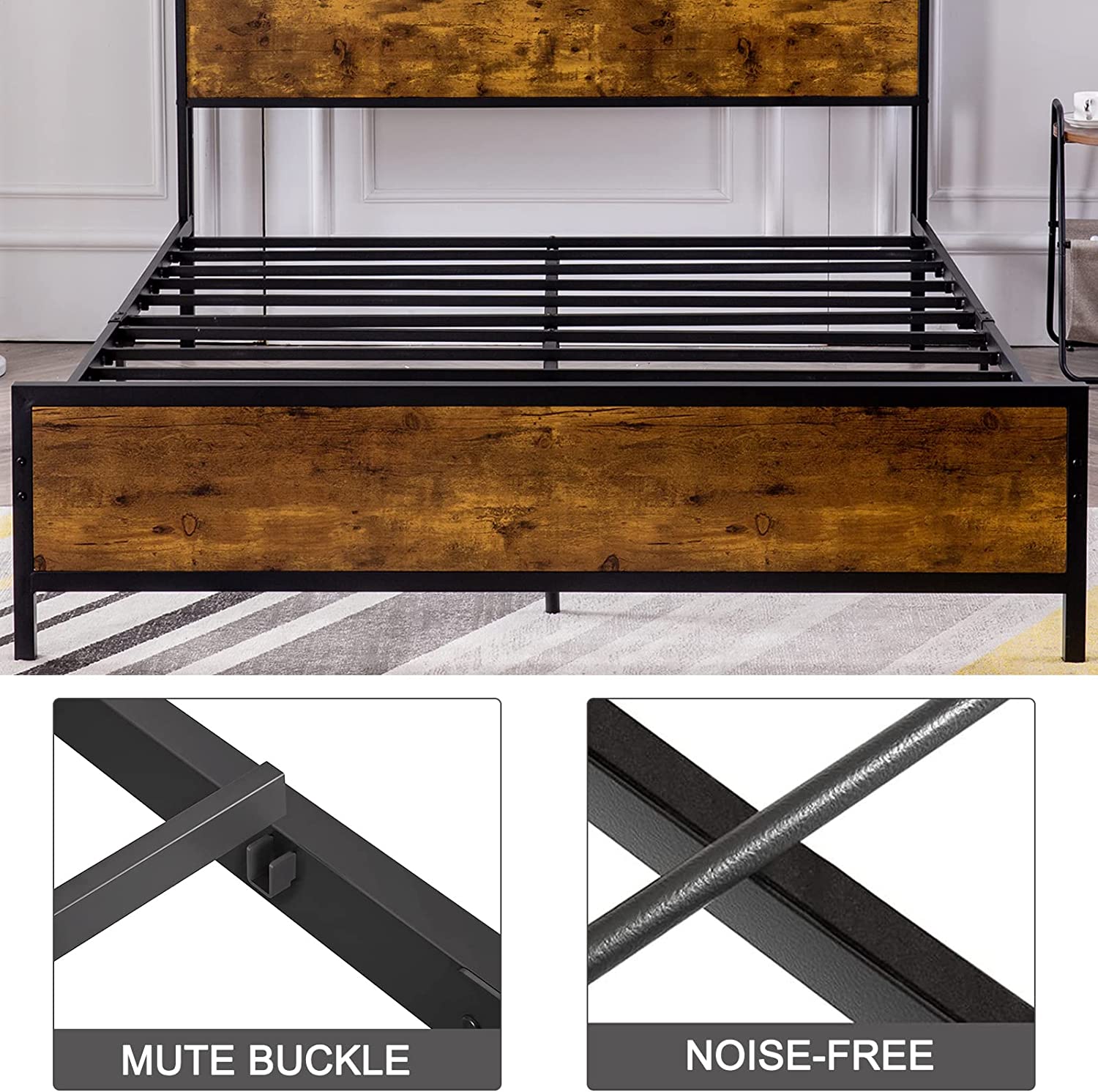 Reliancer Queen Bed Frame, Platform Bed with 2-Tier Storage Headboard, Solid and Stable, Noise Free, No Box Spring Needed, Easy Assembly