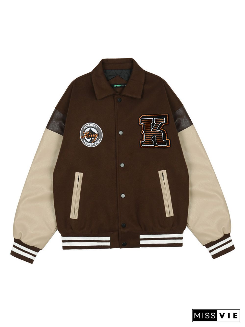 Cartoon Embroidered Pu Leather Sleeve Stitching Jacket