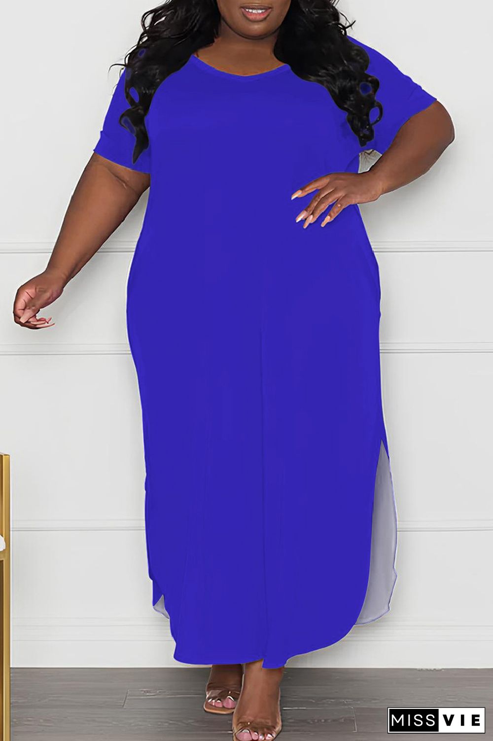 Casual Solid Slit O Neck Long Plus Size Dresses