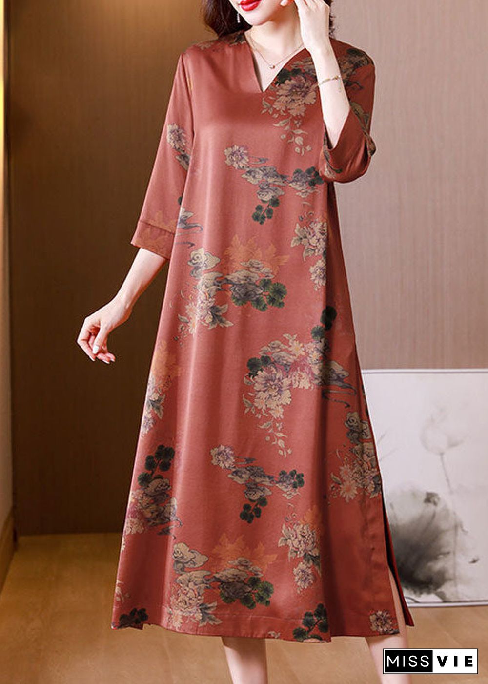 Casual Red V Neck Print Side Open Silk Long Dress Half Sleeve