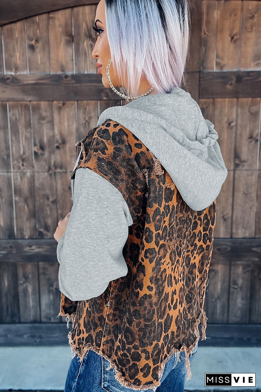 Leopard Ripped Hooded Denim Jacket