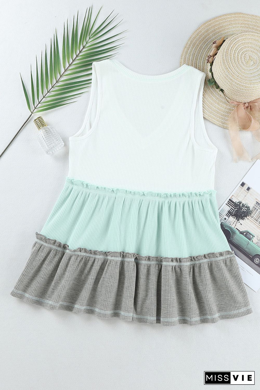 Green Ruffled V Neck Color Block Tank Top