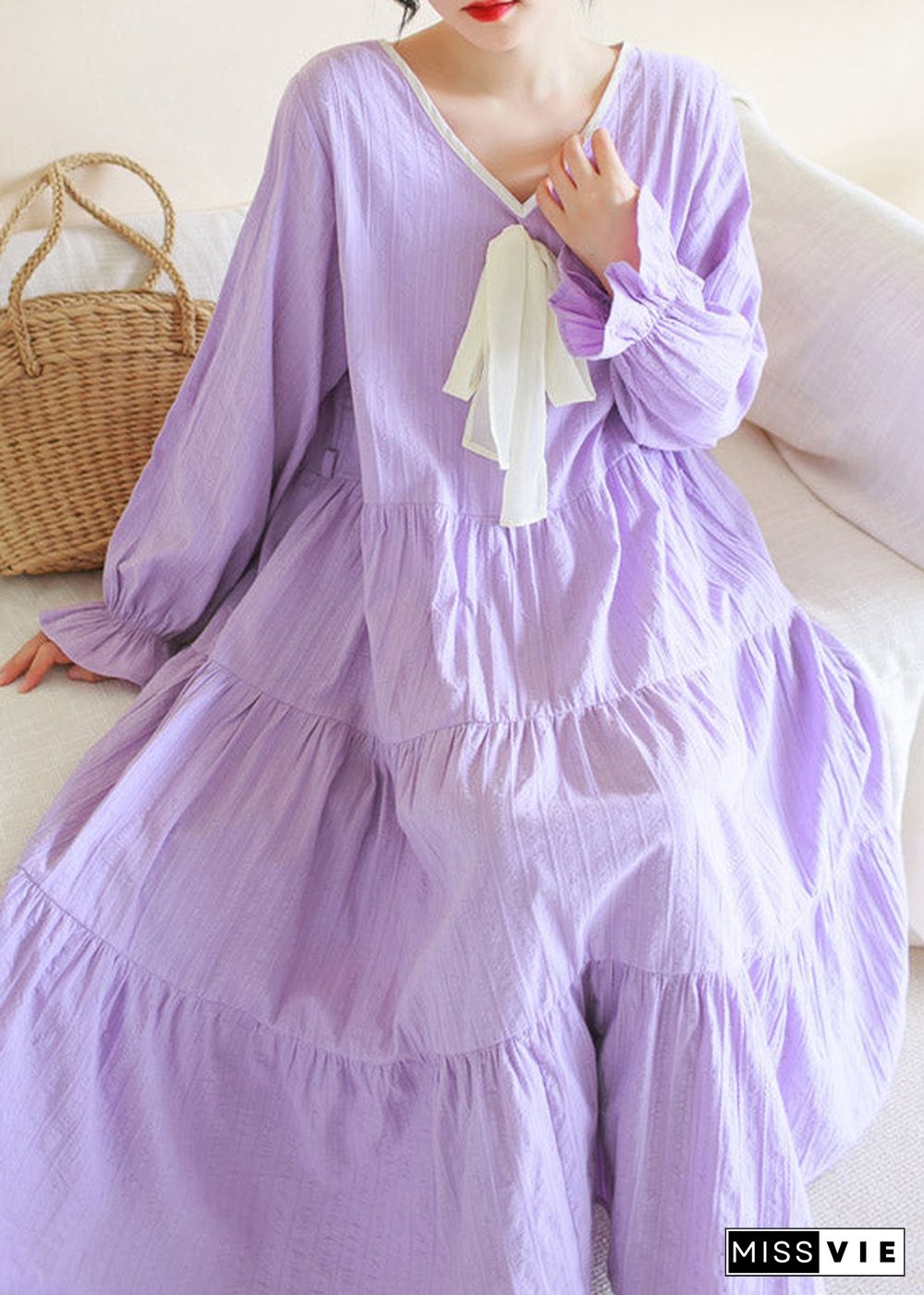 Casual Purple V Neck Patchwork Cotton Maxi Dress Long Sleeve