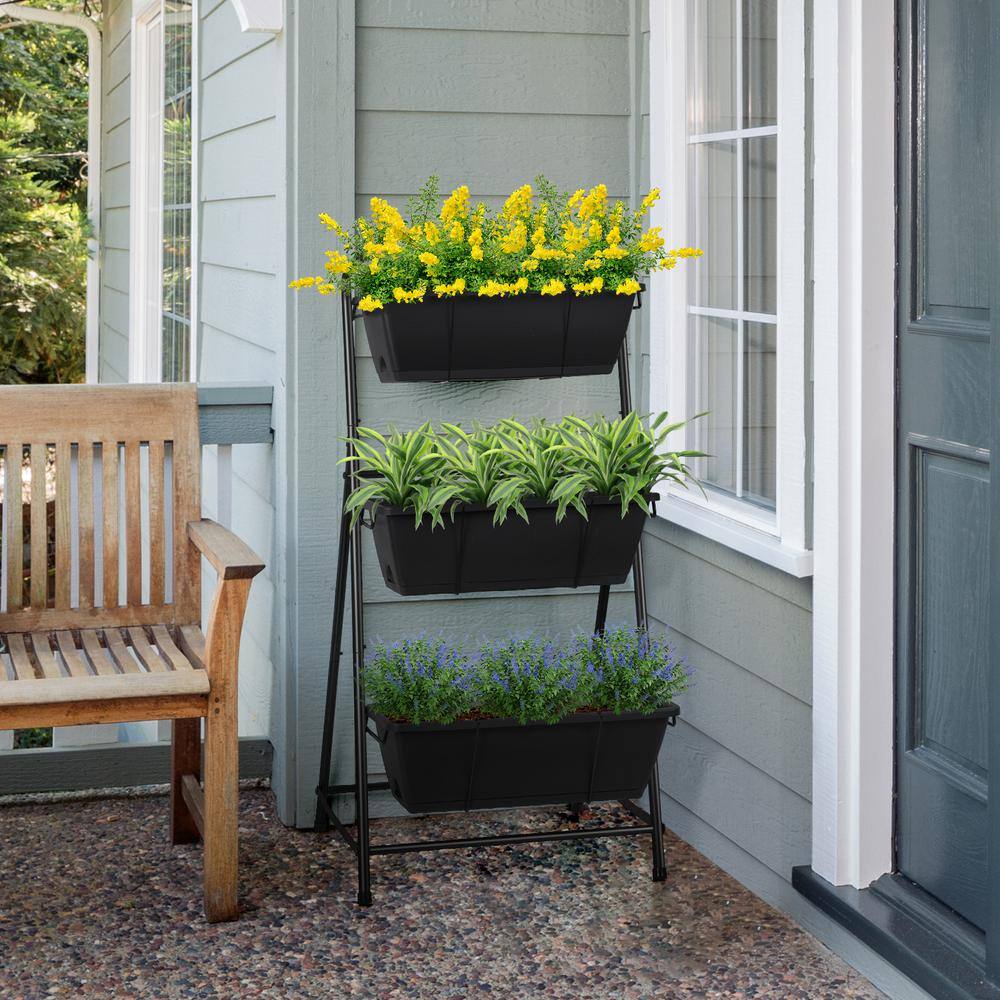 Oumilen 3-Tier Vertical Planter Elevated Herb Planter with Drainage Holes Removable Tray for Patio Balcony Porch Plastic Black HD-481-WELA