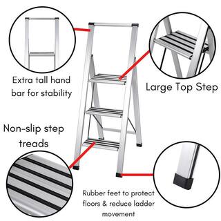 BirdRock Home 4 ft. 3-Step Slim Aluminum Step Ladder 9 ft. Reach 11292