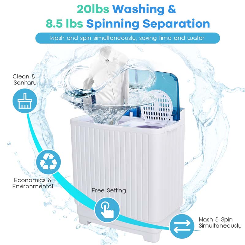 28.5 LBS Portable Washing Machine Built-in Drain Pump, 2-in-1 Twin Tub Top Load Washer Dryer Combo for RV Dorm