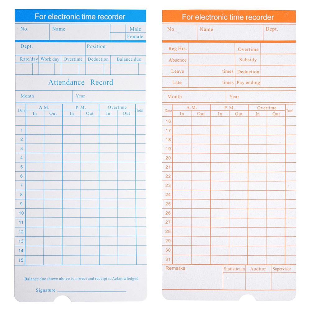 Yescom Attendance Cards Monthly Records Double Sided 50 Card / Pack