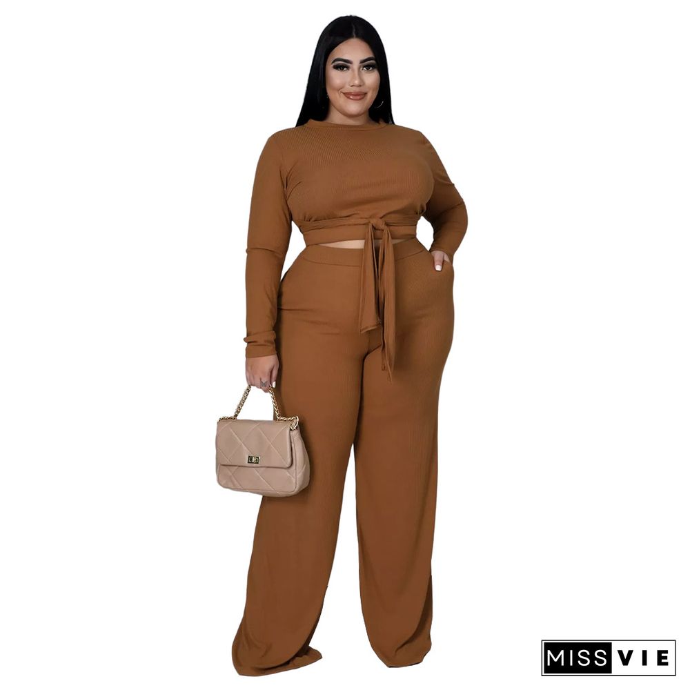 Knitted Bandage T Shirt Wide Leg Pants Plus Size Set