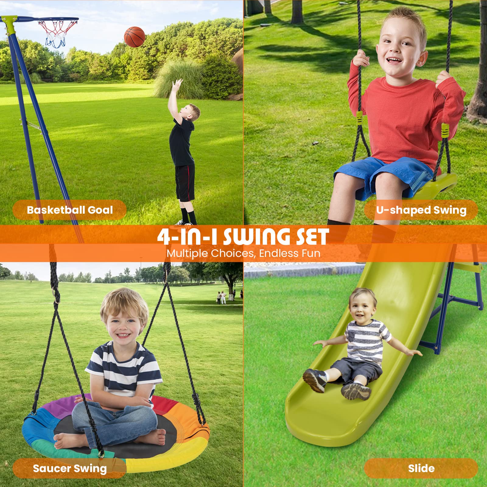 Costzon Swing Sets for Backyard, 4-in-1 Heavy Duty Large Metal Swing Frame