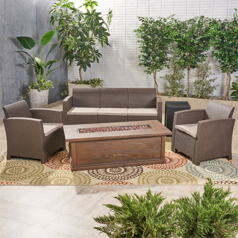 Noble House St. Johns 5 Piece Outdoor Conversation Set in Brown   Tropical   Outdoor Lounge Sets   by Homesquare  Houzz