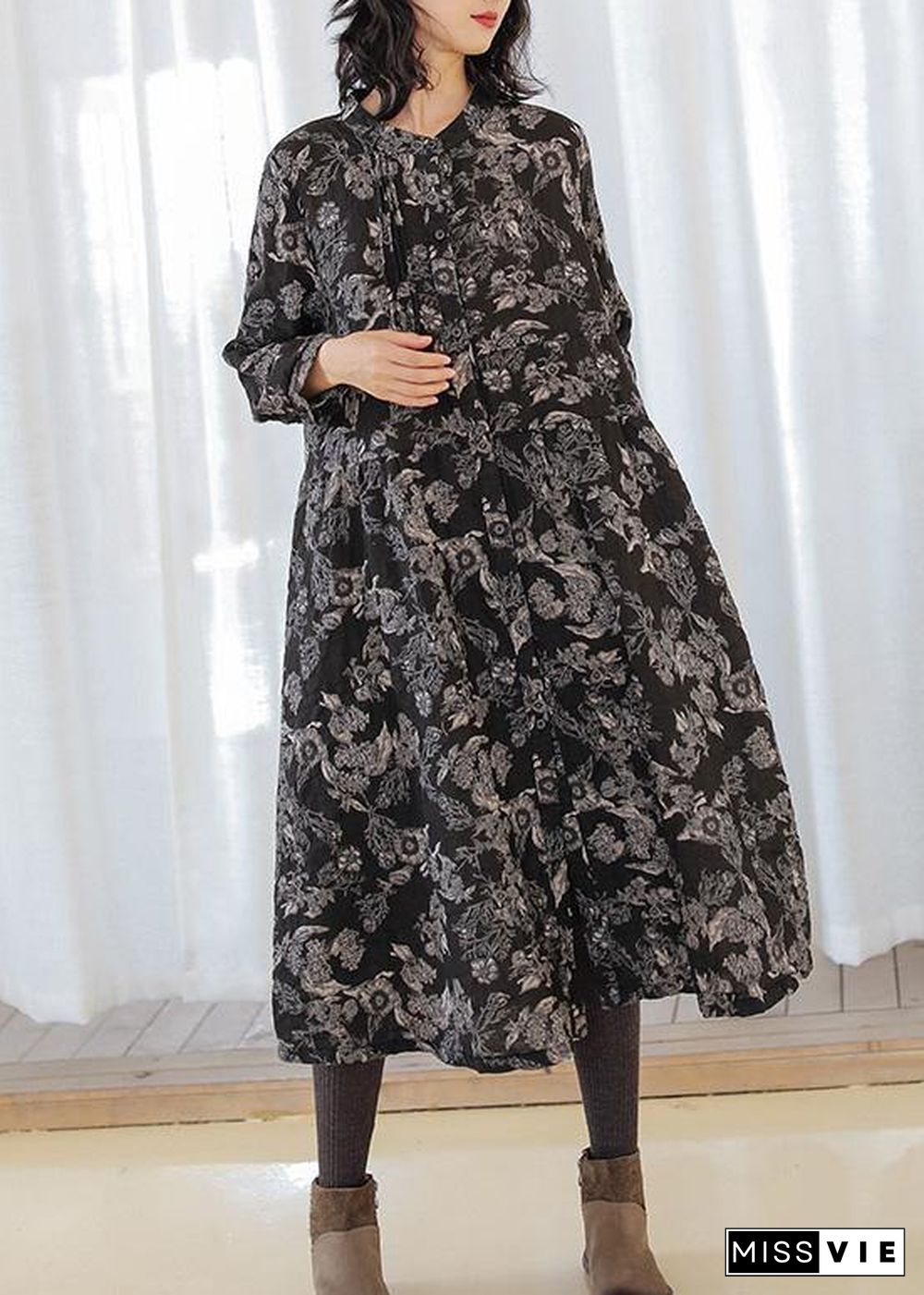 DIY print linen cotton outfit stand collar Cinched cotton fall Dress