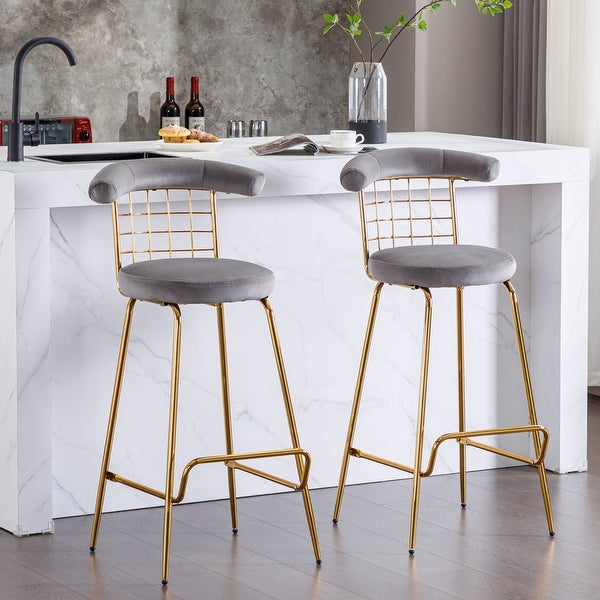 2Pcs Velvet Upholstered Bar Stools with Metal Legs and Soft Back