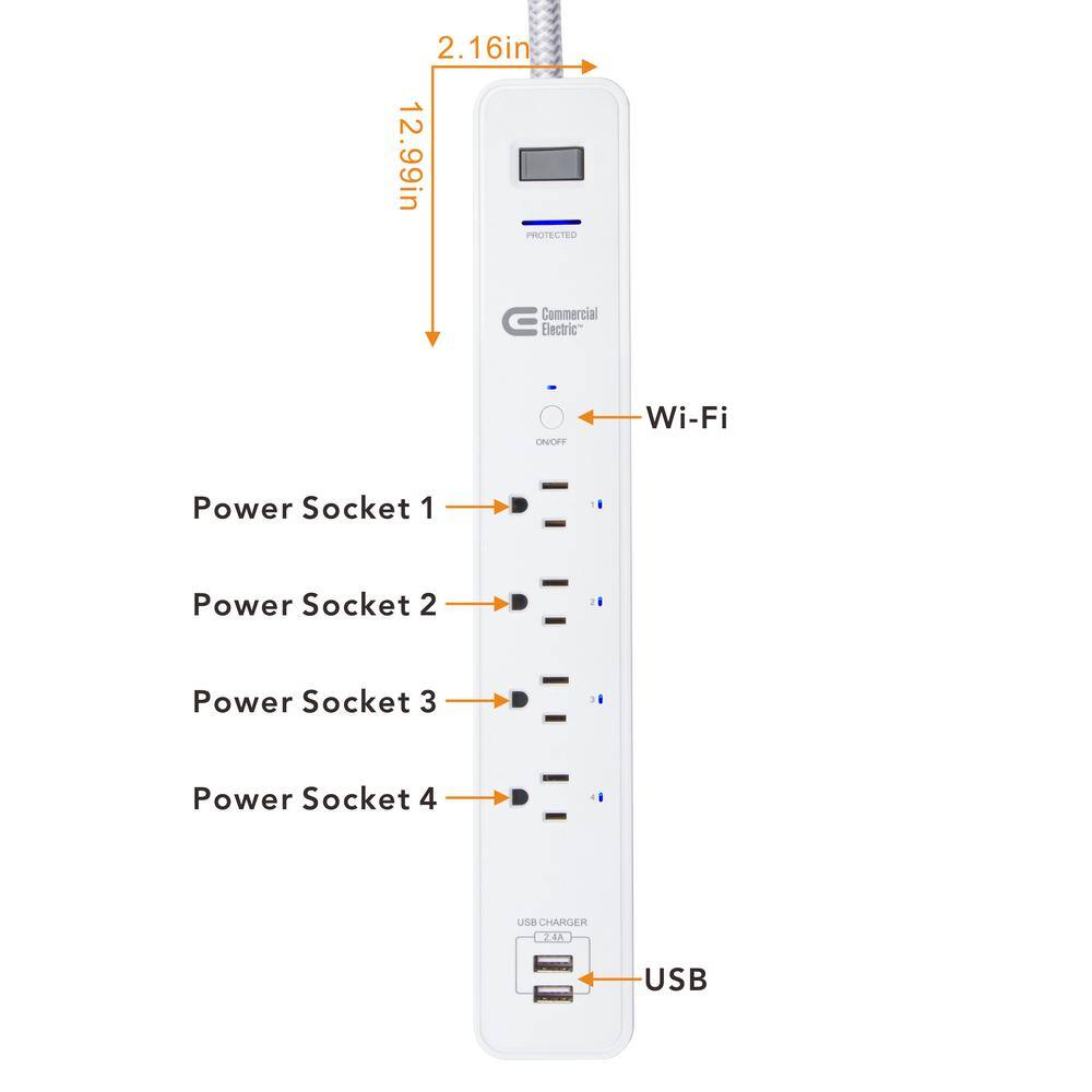 Commercial Electric 3 ft. 4-Outlet White Surge Protector Smart with USB Powered by Hubspace LTS-4G-W-1