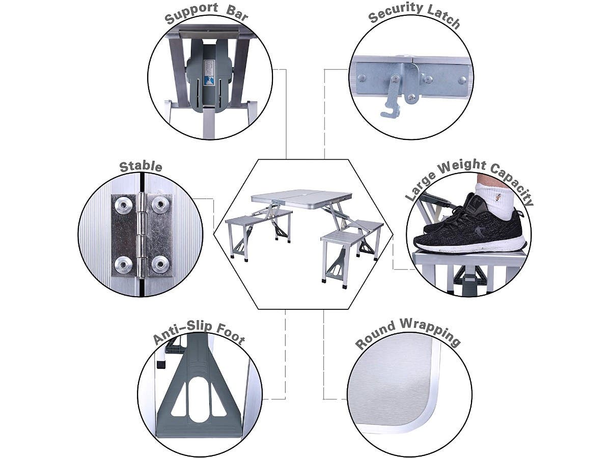 Folding Camping Table Chair Set - Silver, Aluminum Suitcase Portable Camping Picnic Table with 4 Seats, Umbrella Hole for Party, BBQ, Beach, 34.5 x 4.6 in