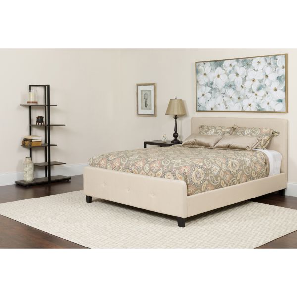 Tribeca Queen Size Tufted Upholstered Platform Bed in Beige Fabric with Pocket Spring Mattress