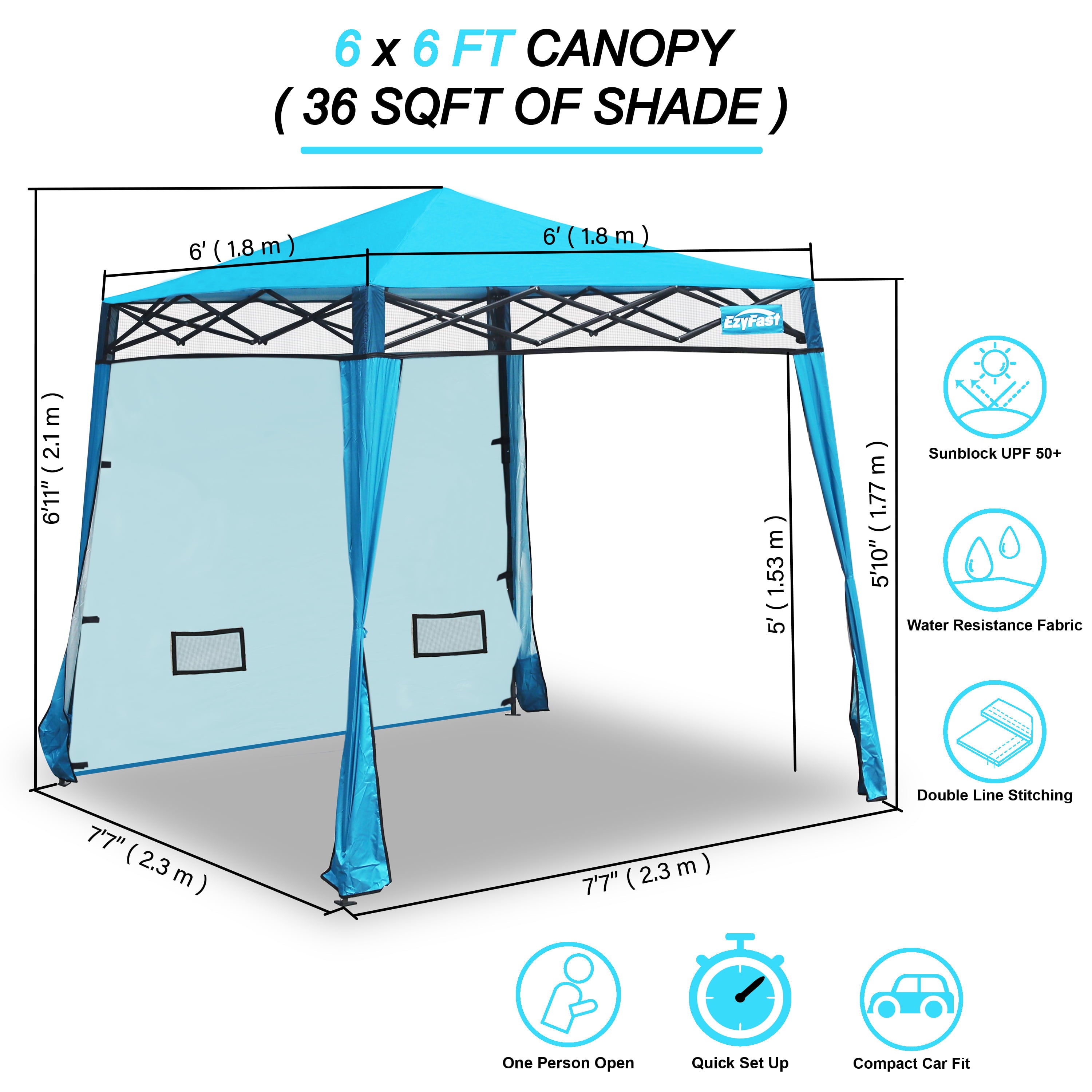 EzyFast Pop up Canopy Tent， Blue Sports  and Beach Cabana with Wall and Built-in Weight Bags， 8'x8' Base/6'x6' Top