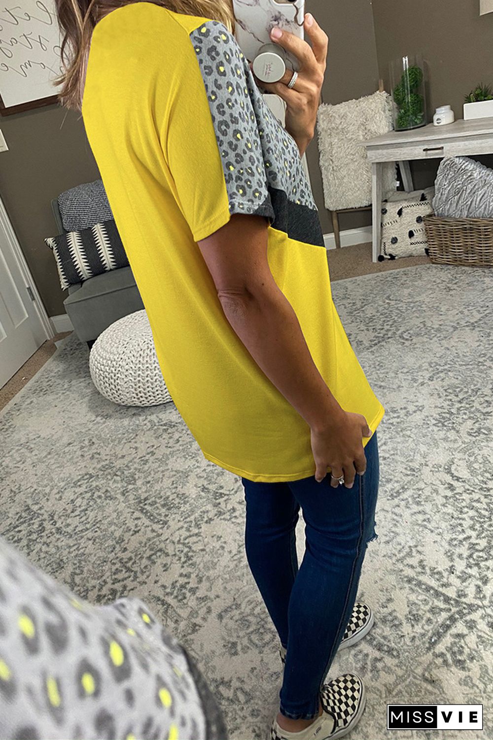 Yellow Leopard Color Blocking Short Sleeve T-shirt