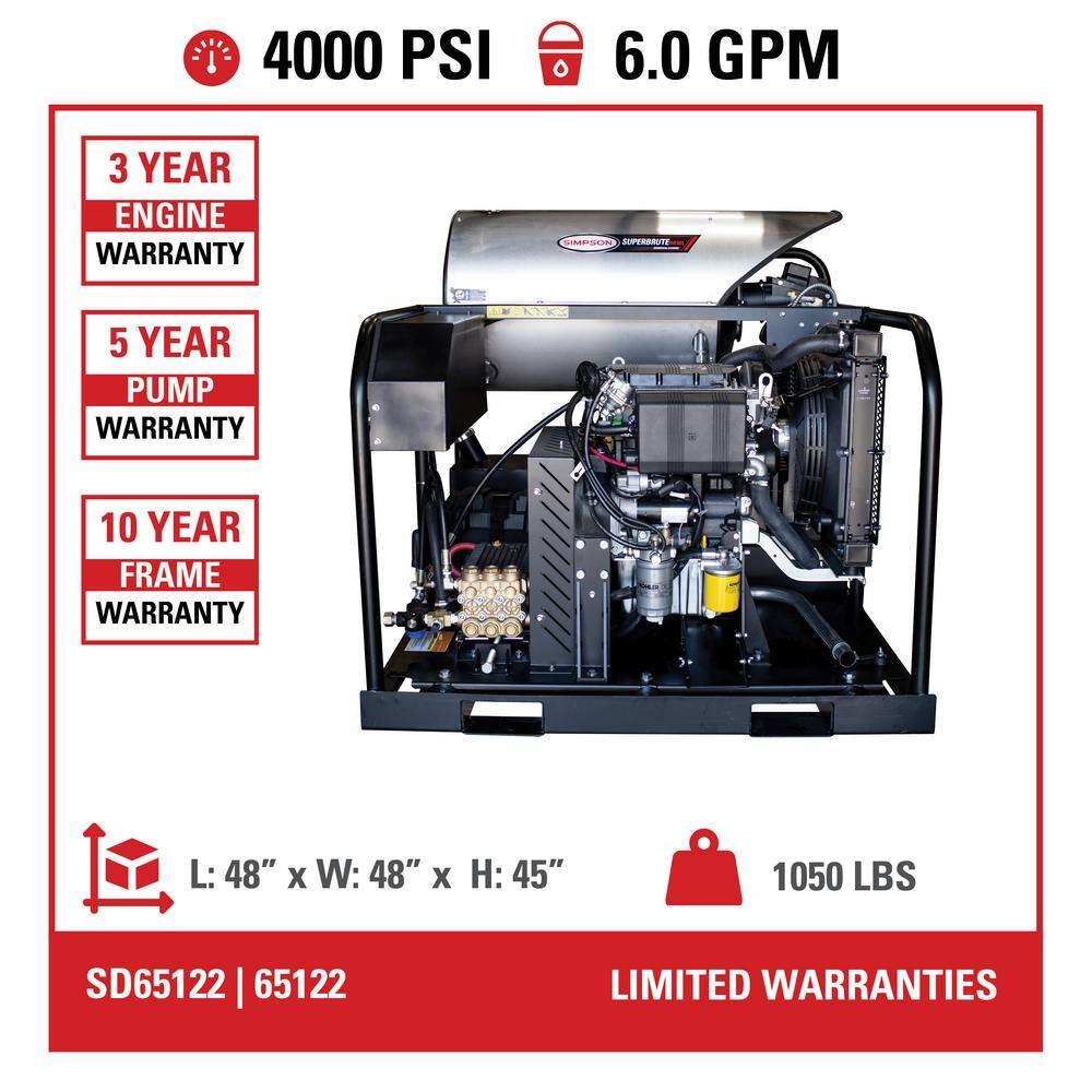 SIMPSON Super Brute Diesel 4000 PSI 6.0 GPM Hot Water Pressure Washer with KOHLER KDW1003 Engine 65122