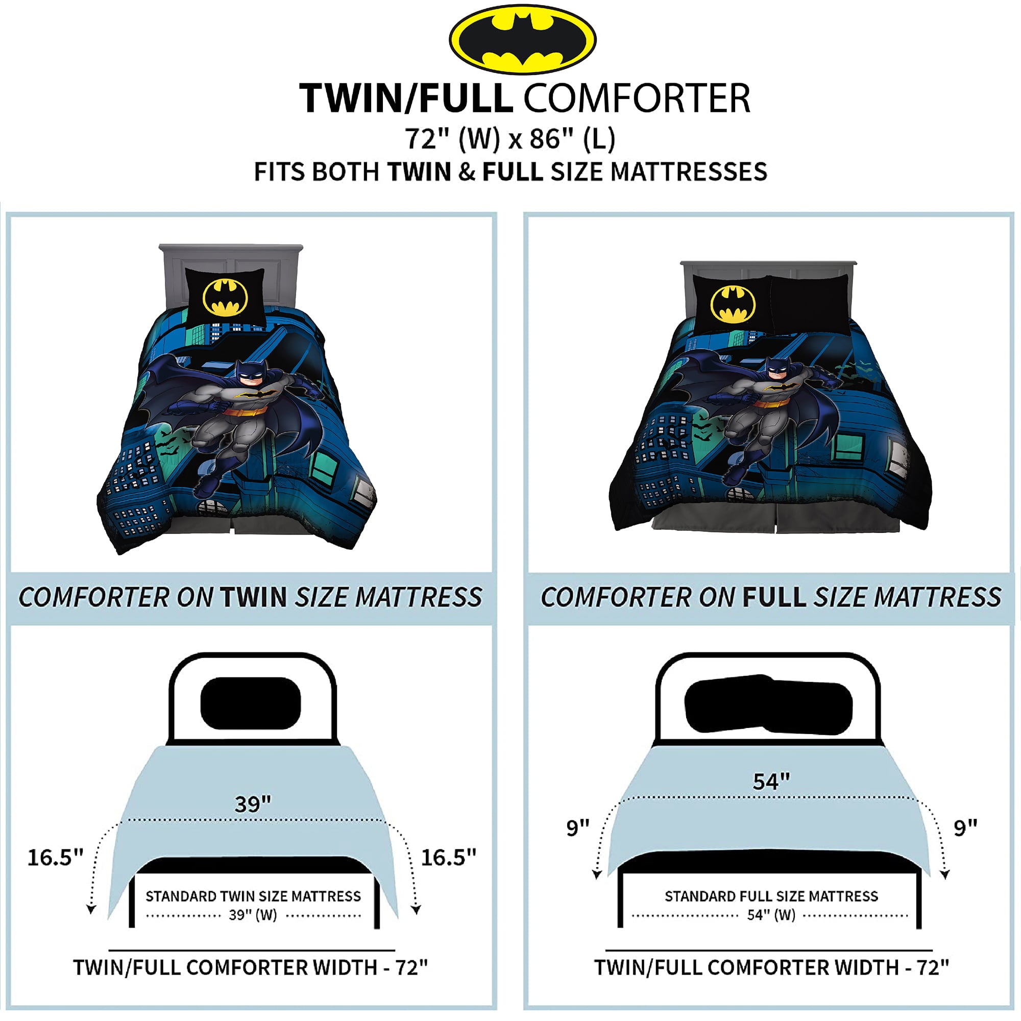 Batman Kids Comforter and Sham， 2-Piece Set， Twin/Full， Reversible， Blue， Warner Bros