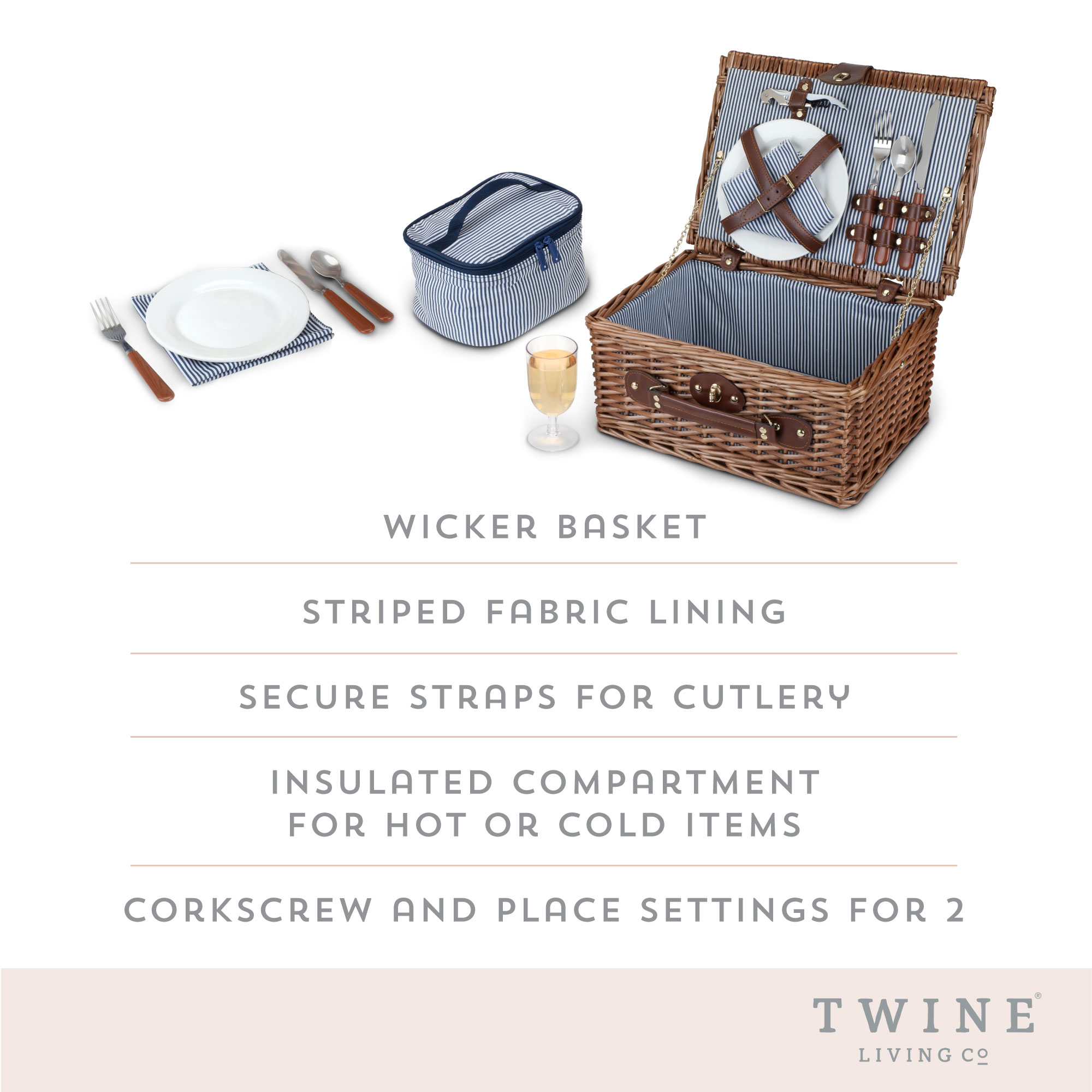 Twine Newport Picnic Basket， Wicker Basket with Place Settings， Wine Glasses， Corkscrew， Insulated Compartments， Set of 1 Basket