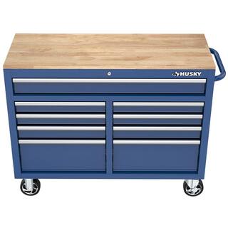 Husky 46 in. W x 18 in. D 9-Drawer Gloss Blue Mobile Workbench Cabinet with Solid Wood Top H46X18MWC9BLU