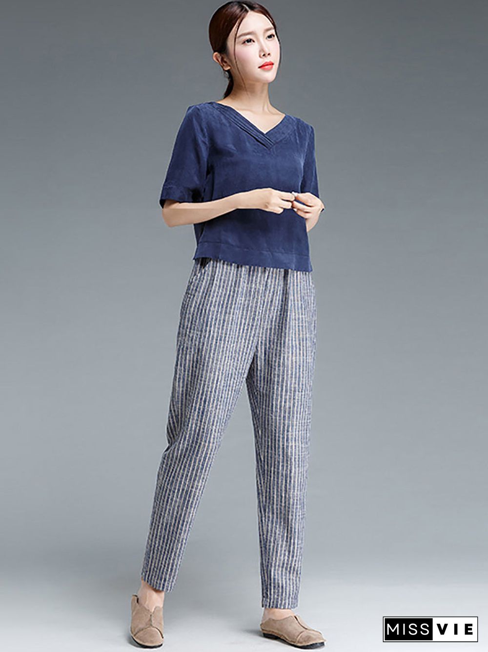 Plus Size Buykud Stripe Cotton Linen Women Pants