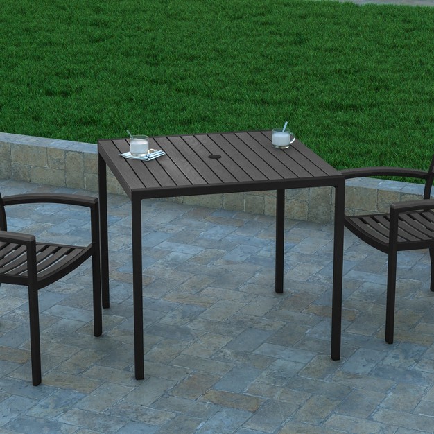 Emma And Oliver Square All weather Faux Teak Patio Dining Table With Steel Frame Seats 4