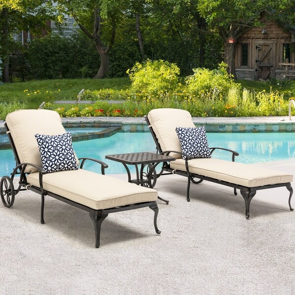 3-Piece Aluminum Reclining Outdoor Chaise Lounge with Table and Cushions