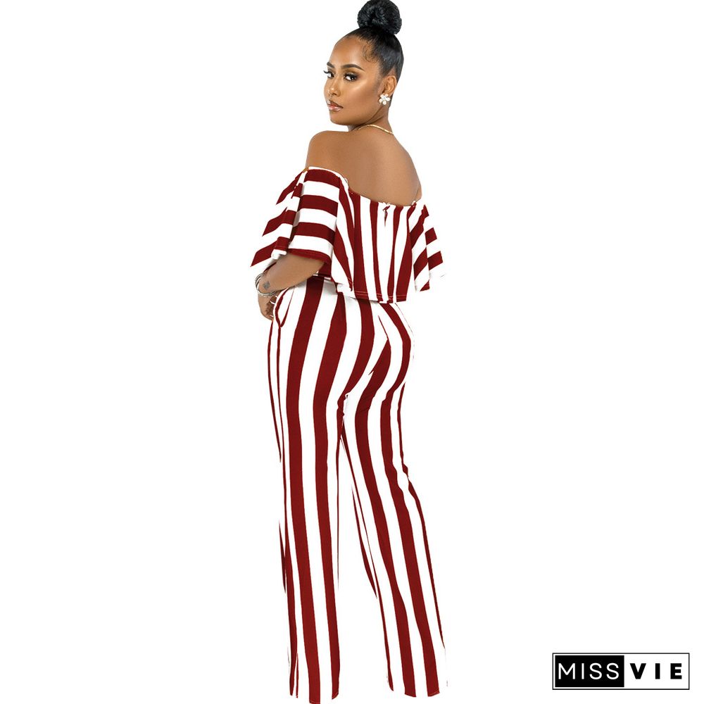 Striped Off Shoulder Wide Leg Jumpsuits