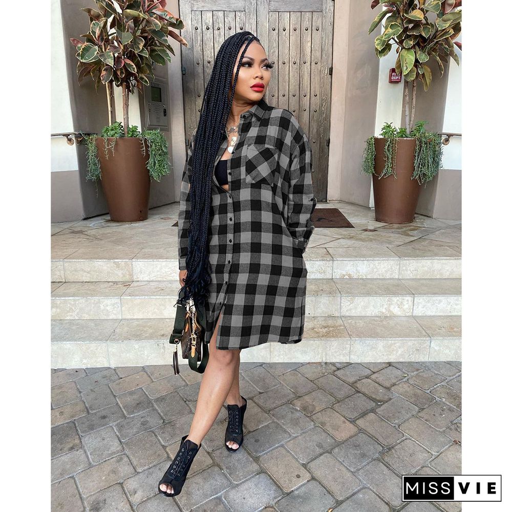 Plaid Print Long Sleeve Shirt Midi Dress