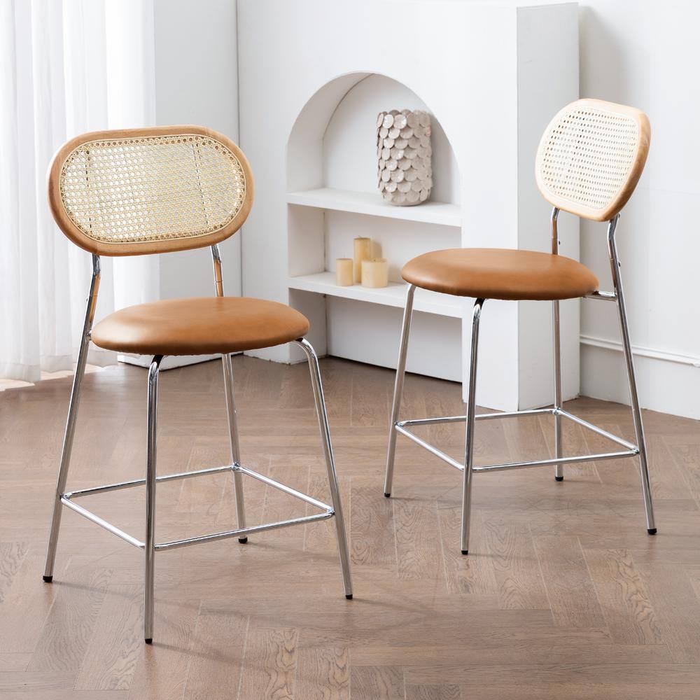 LUE BONA Rattan Counter Height Bar Stools With Faux Leather Seat (set of 2) LB21CH0028-800