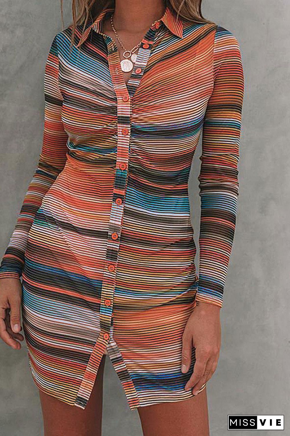 Multicolor Turn Down Neck Buttons Up Bodycon Long Sleeve Dress