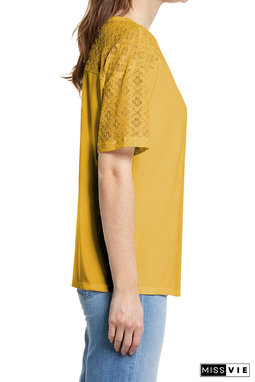 Yellow Plain Lace Stitching Short Sleeve Tee