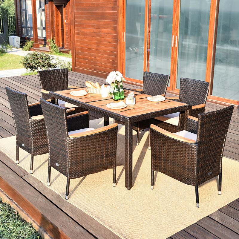 7 Pcs Rattan Outdoor Dining Set with Acacia Wood Tabletop & 6 Stackable Cushioned Armchairs