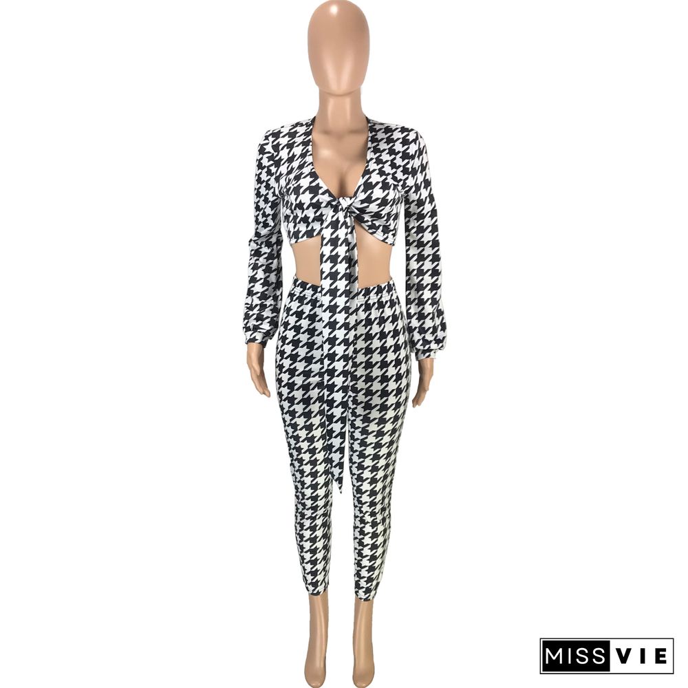 Houndstooth Print Bandage Crop Top Pants Set