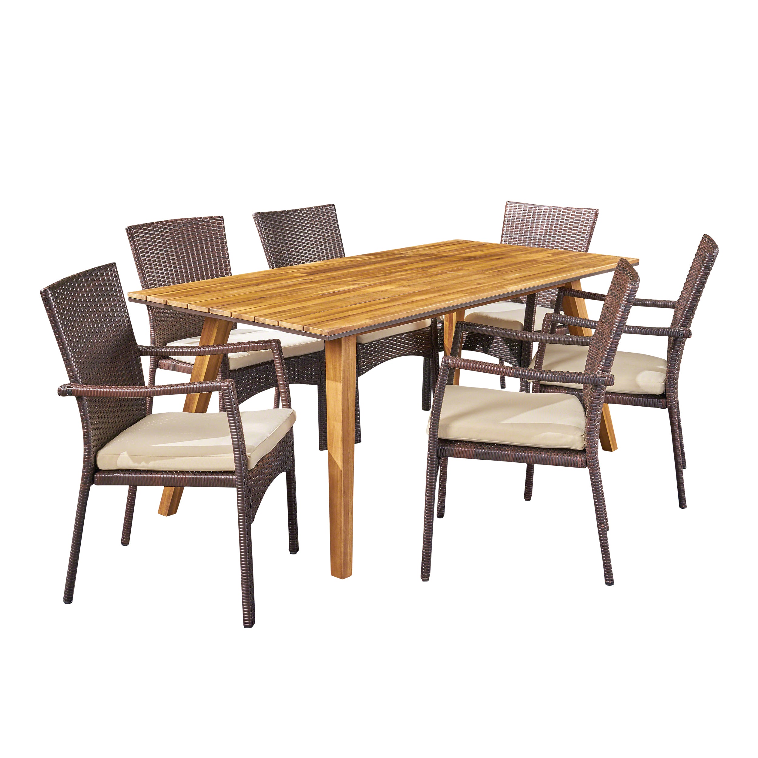 Michaelia Outdoor 7 Piece Acacia Wood Dining Set with Wicker Chairs, Teak and Brown and Cream