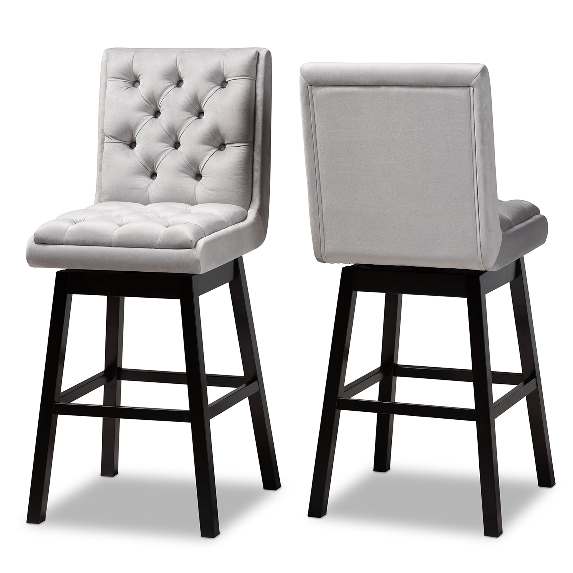 Baxton Studio Gregory Modern Transitional Light Grey Velvet Fabric Upholstered and Dark Brown Finished Wood 2-Piece Swivel Bar Stool Set Set