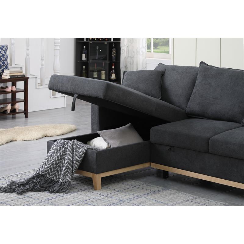 Bowery Hill Dark Gray Fabric Reversible Sleeper Sectional with Storage Chaise