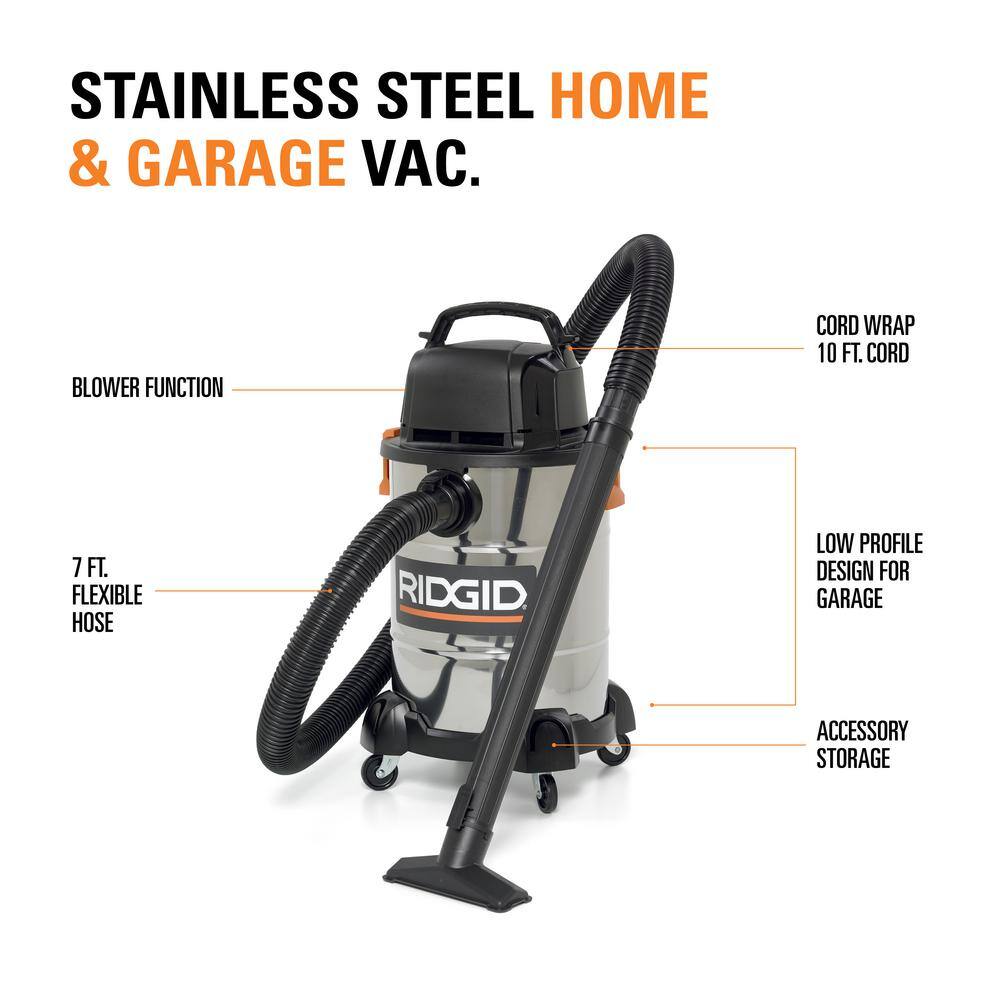 RIDGID 6 Gallon 4.25 Peak HP Stainless Steel WetDry Shop Vacuum with Filter Locking Hose and Six Accessories WD6425A