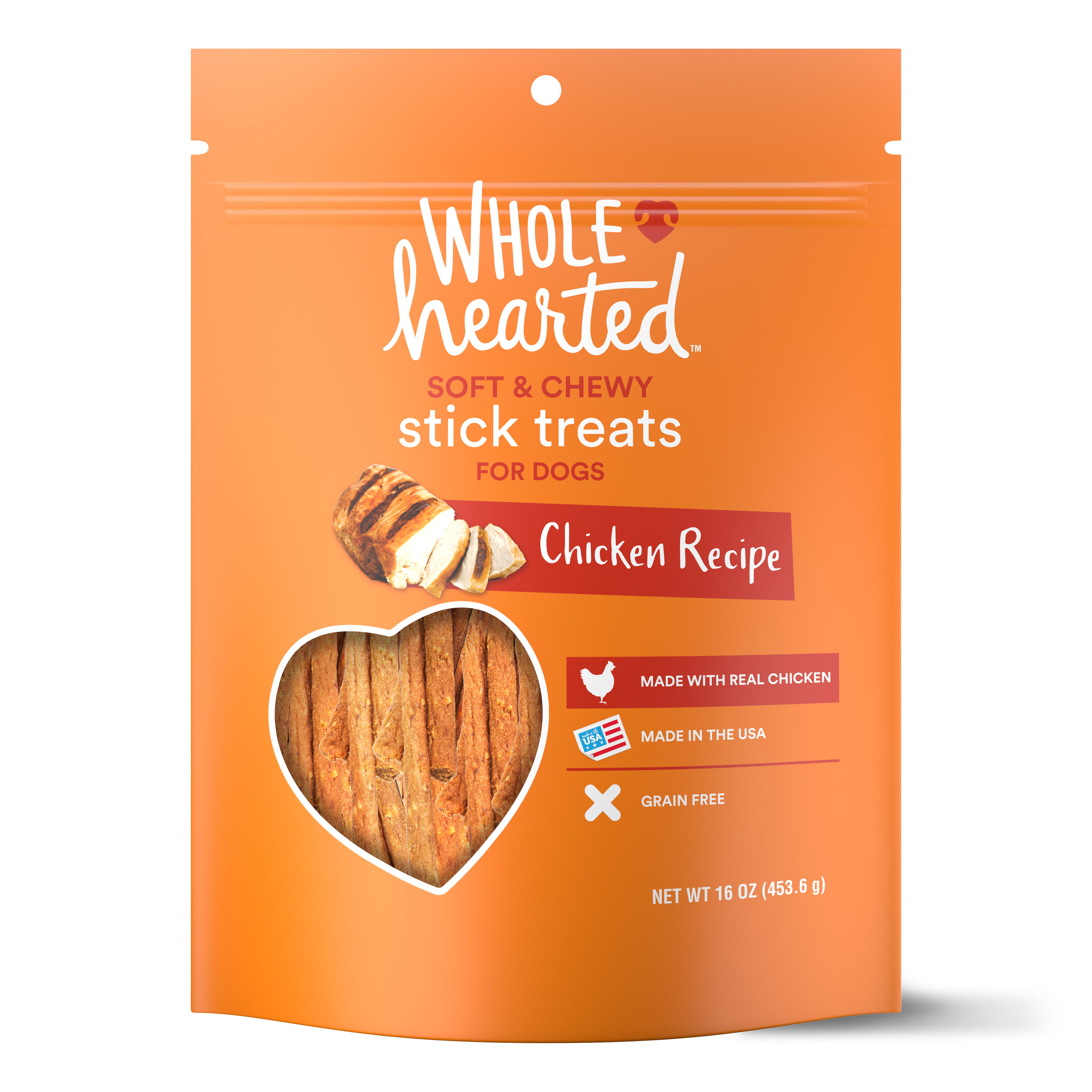 WholeHearted Grain Free Soft and Chewy Chicken Recipe Dog Stick Treats， 16 oz