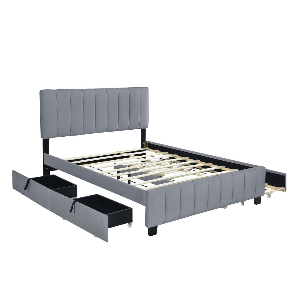 Queen Size Velvet Upholstered Platform Bed with Twin XL Size Trundle Bed  2 Storage Drawers and Headboard