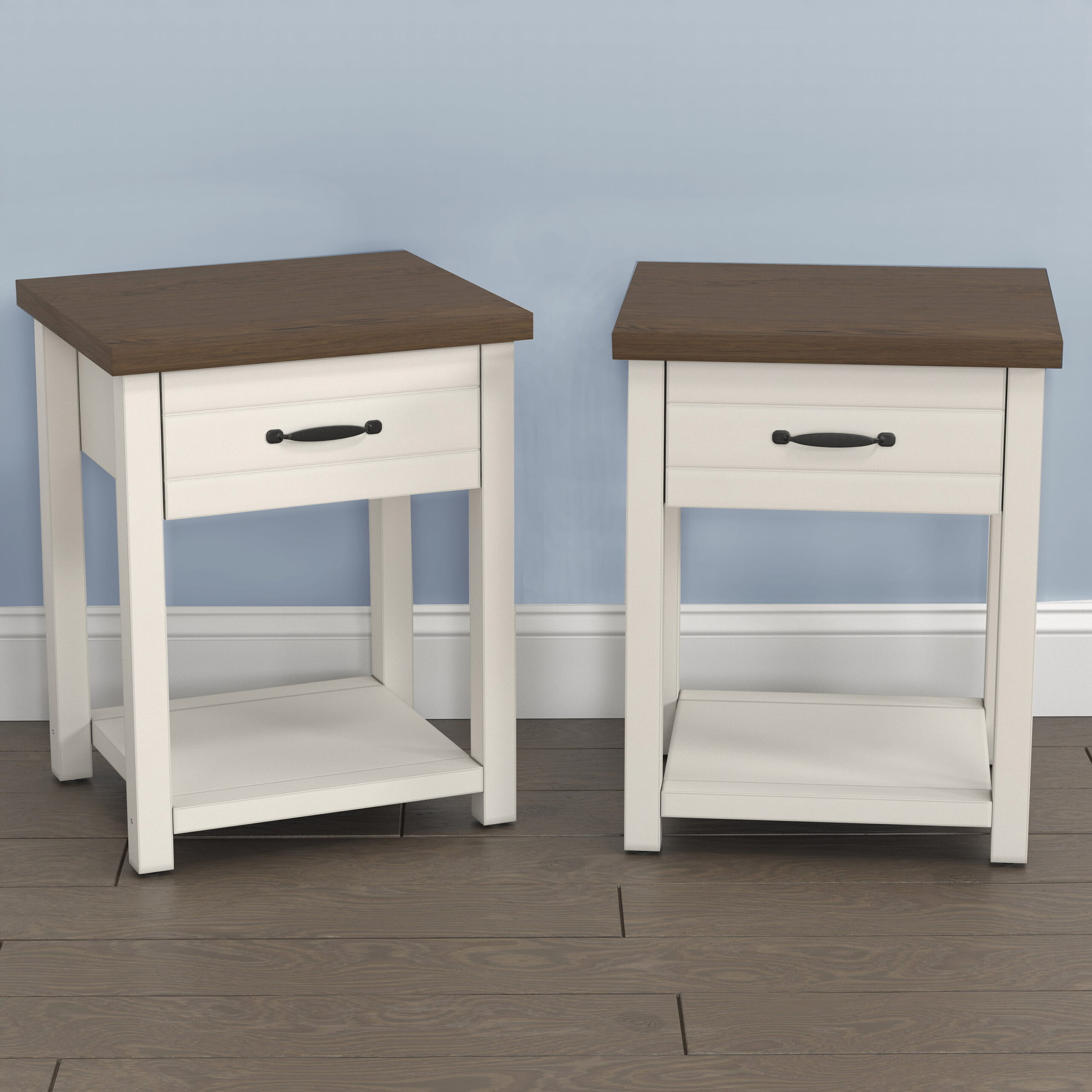 Lancaster Farmhouse Oak Top 1 Drawer Nightstand， Set of 2， Ivory