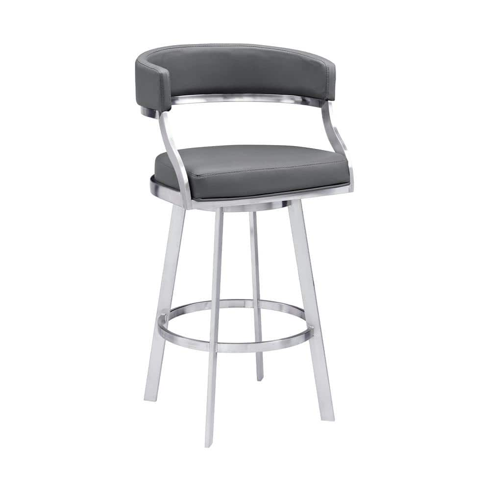 Armen Living Saturn Contemporary 30 in. Bar Height Bar Stool in Brushed Stainless Steel and Grey Faux Leather LCSNBABSGR30