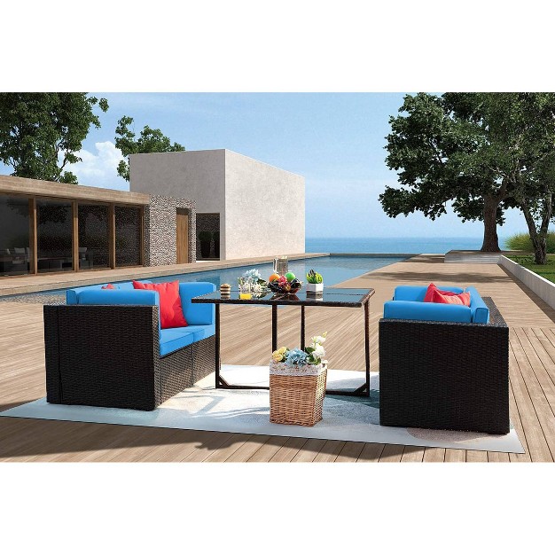 5pc Outdoor Conversation Set With Wicker Sectional Sofa amp Tempered Glass Table Devoko